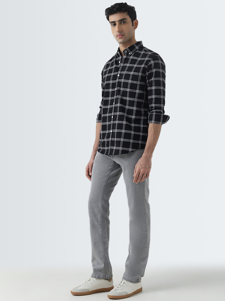 WES Casuals Black Checkered Slim-Fit Cotton Shirt