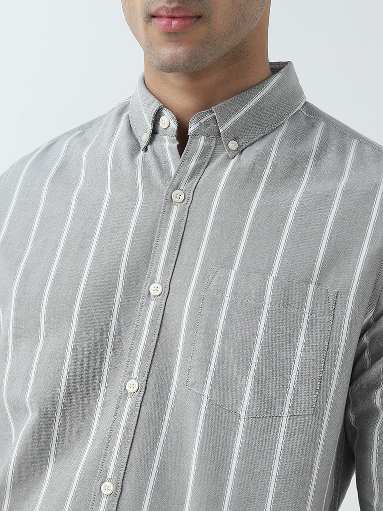 WES Casuals Sage Stripe Printed Slim-Fit Cotton Shirt