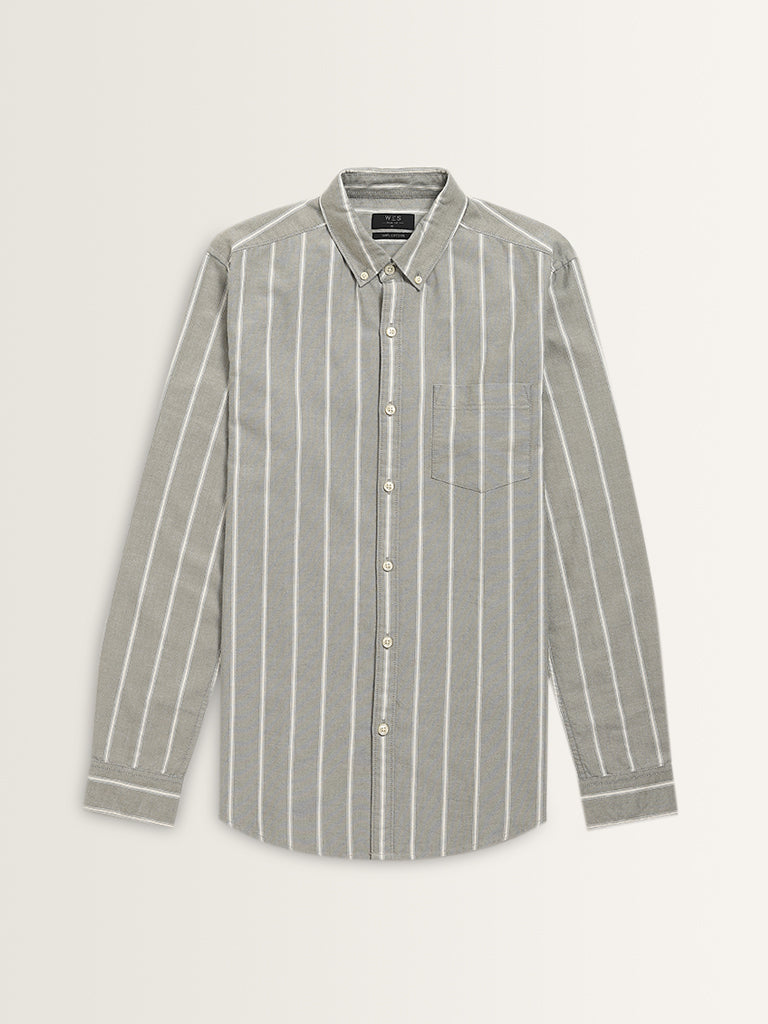 WES Casuals Sage Stripe Printed Slim-Fit Cotton Shirt