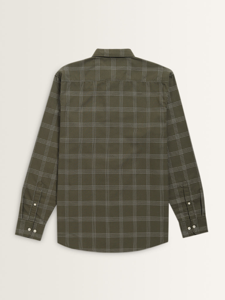 WES Casuals Olive Checks Printed Relaxed-Fit Cotton Shirt