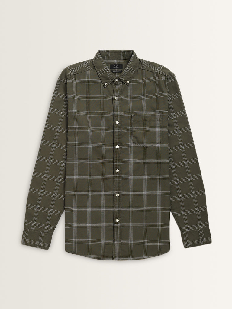 WES Casuals Olive Checks Printed Relaxed-Fit Cotton Shirt