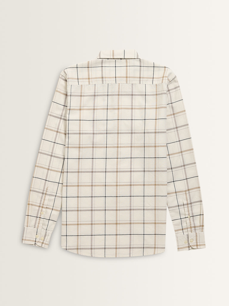 WES Casuals Light Taupe Checks Design Slim-Fit Cotton Shirt