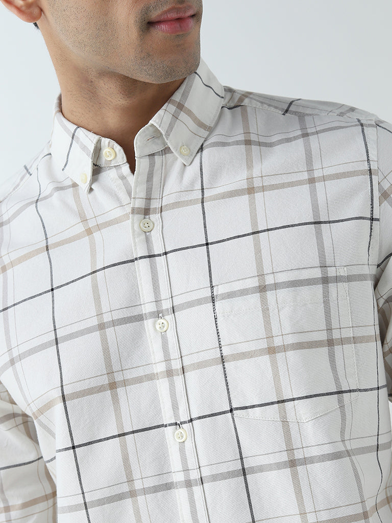 WES Casuals Light Taupe Checks Design Slim-Fit Cotton Shirt