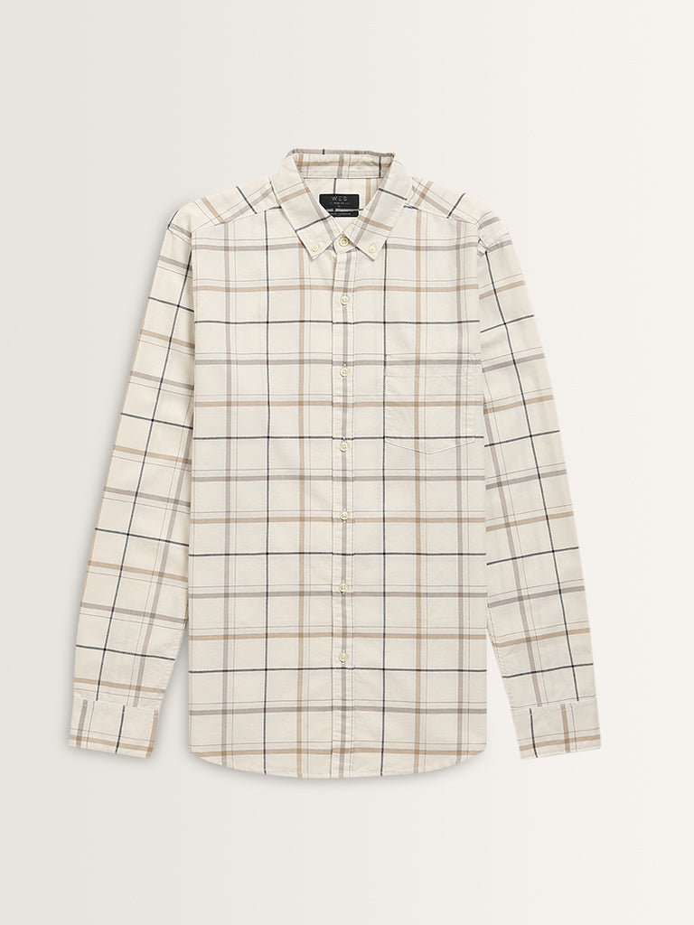 WES Casuals Light Taupe Checks Design Slim-Fit Cotton Shirt