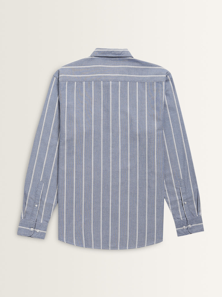 WES Casuals Blue Stripe Pattern Relaxed-Fit Cotton Shirt