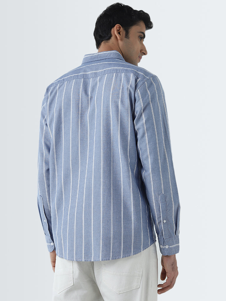 WES Casuals Blue Stripe Pattern Relaxed-Fit Cotton Shirt