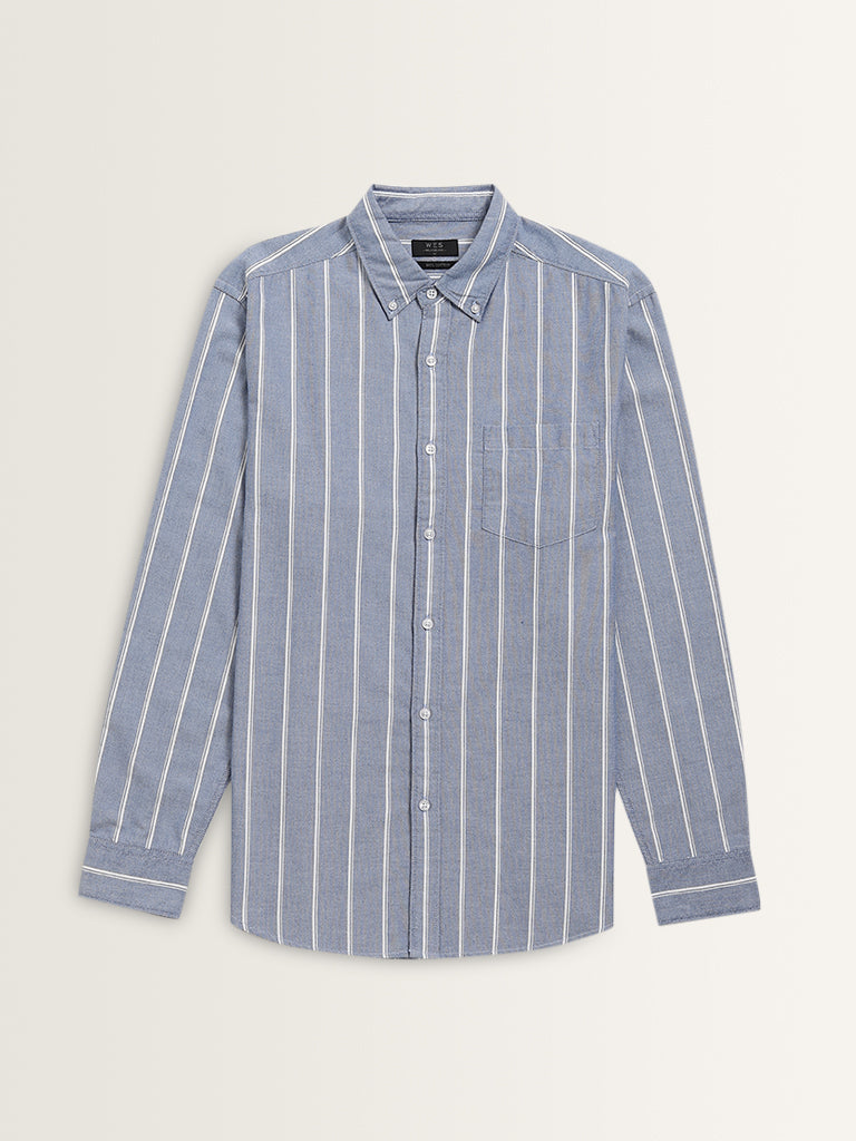 WES Casuals Blue Stripe Pattern Relaxed-Fit Cotton Shirt