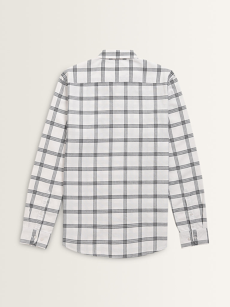 WES Casuals White Checkered Slim-Fit Cotton Shirt