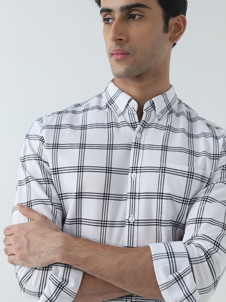 WES Casuals White Checkered Slim-Fit Cotton Shirt