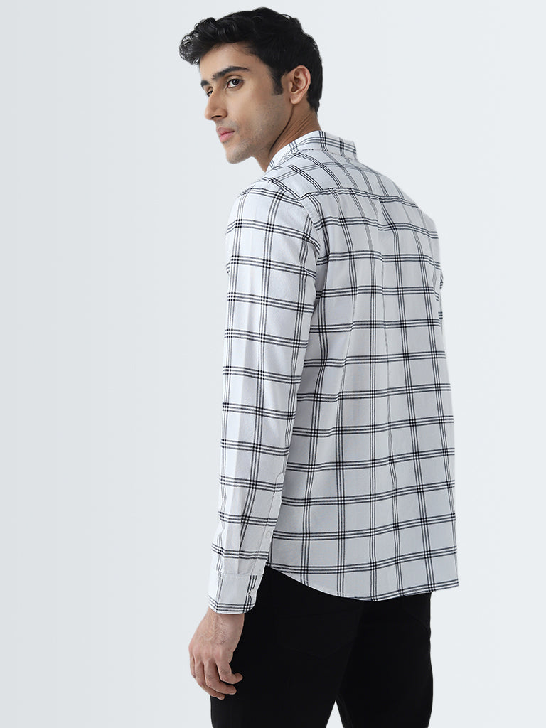 WES Casuals White Checkered Slim-Fit Cotton Shirt