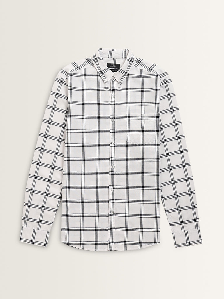 WES Casuals White Checkered Slim-Fit Cotton Shirt