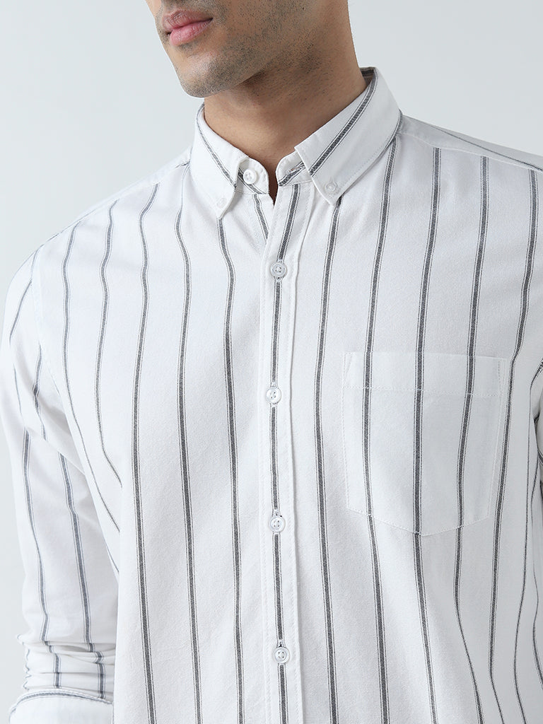 WES Casuals White Stripe Printed Slim-Fit Cotton Shirt