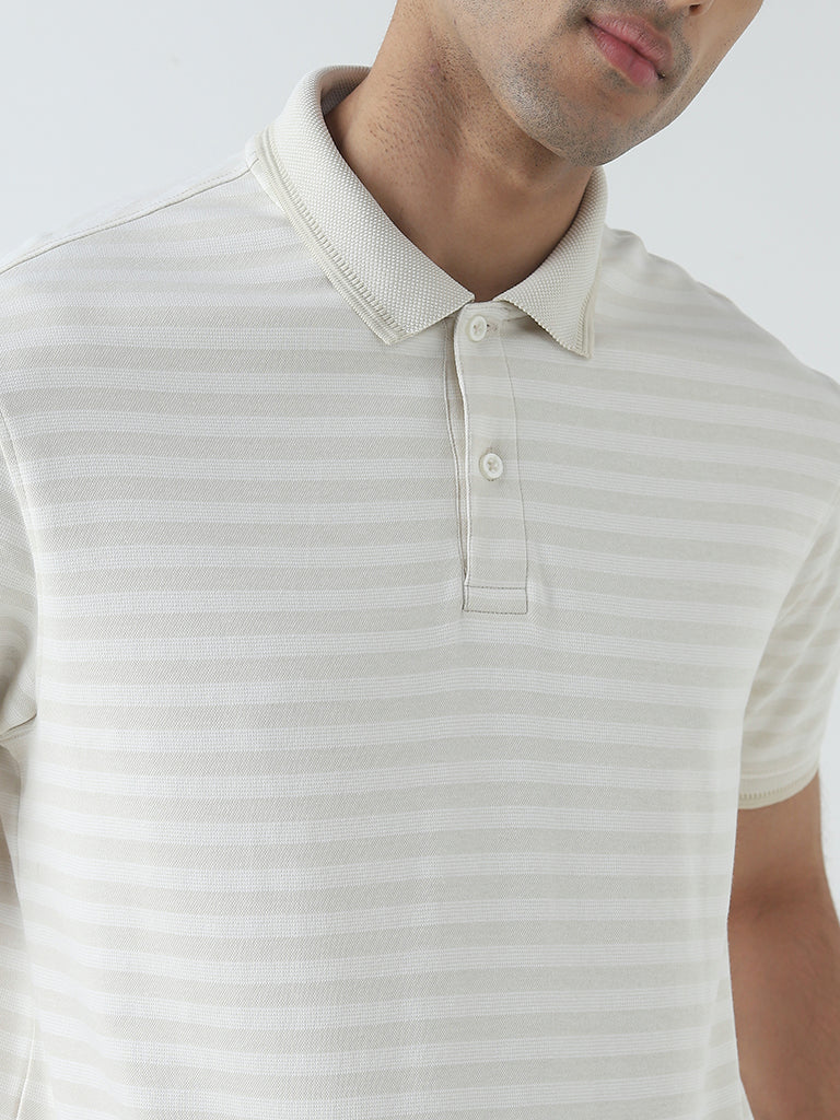 WES Casuals Beige Stripe Design Relaxed-Fit Polo T-Shirt