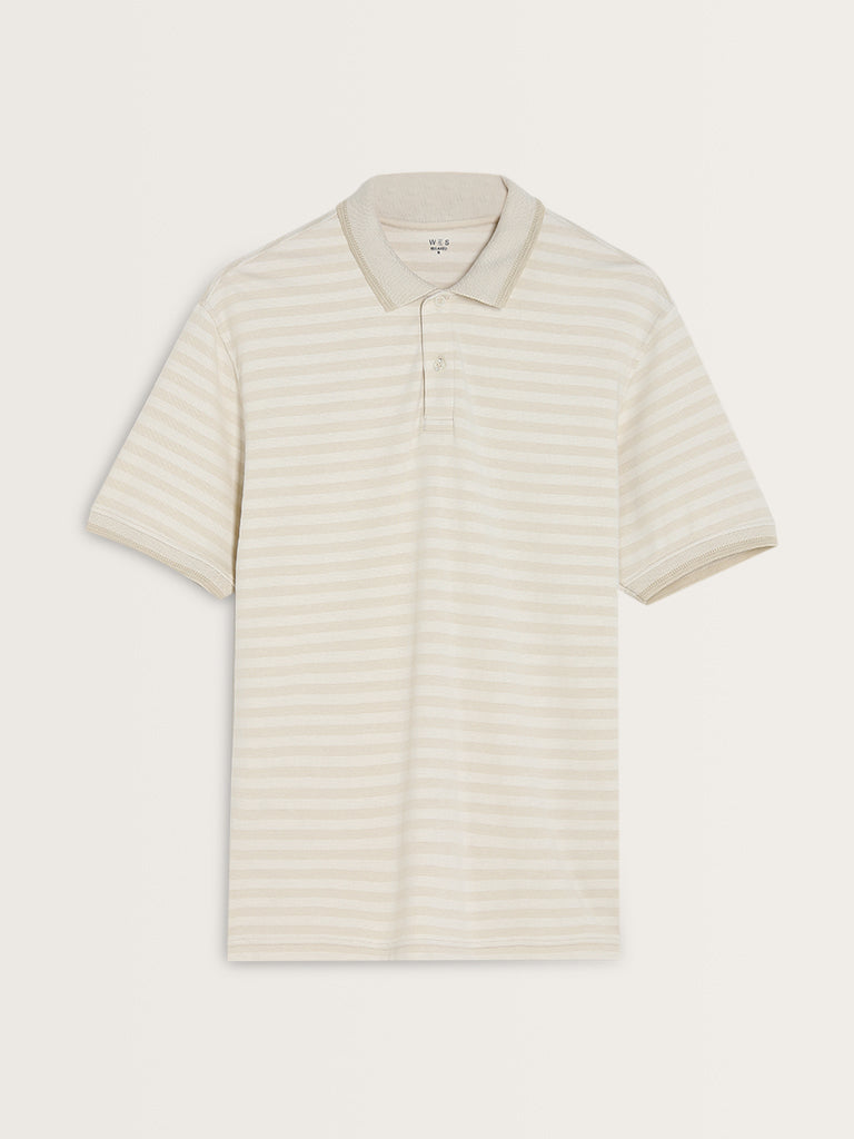 WES Casuals Beige Stripe Design Relaxed-Fit Polo T-Shirt