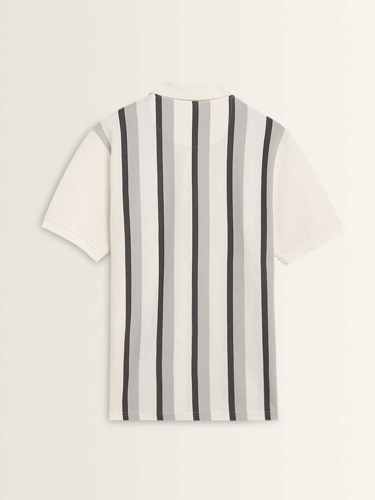 WES Casuals Grey Striped Relaxed-Fit Polo T-Shirt