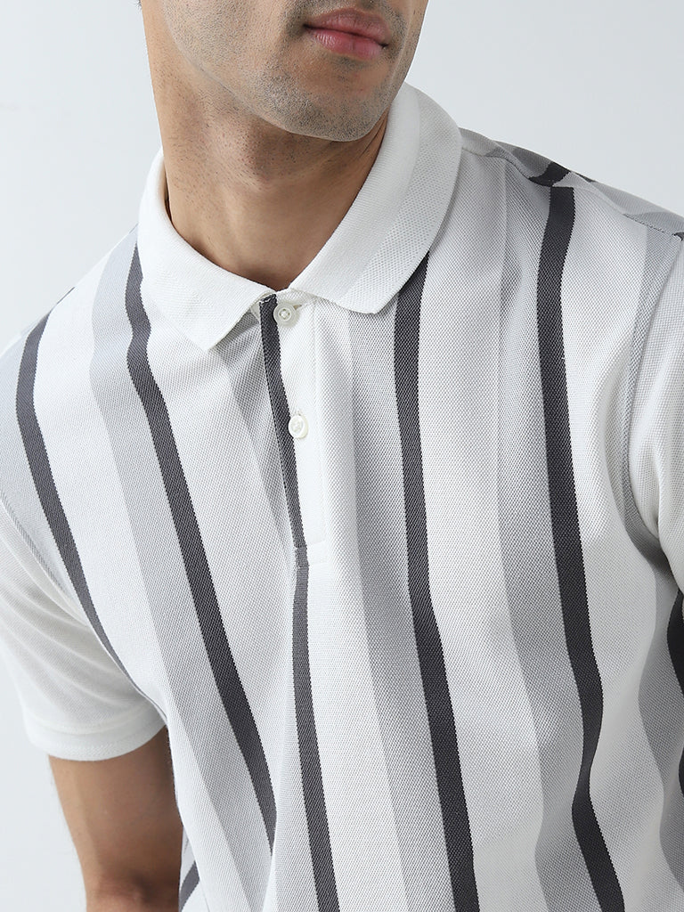 WES Casuals Grey Striped Relaxed-Fit Polo T-Shirt