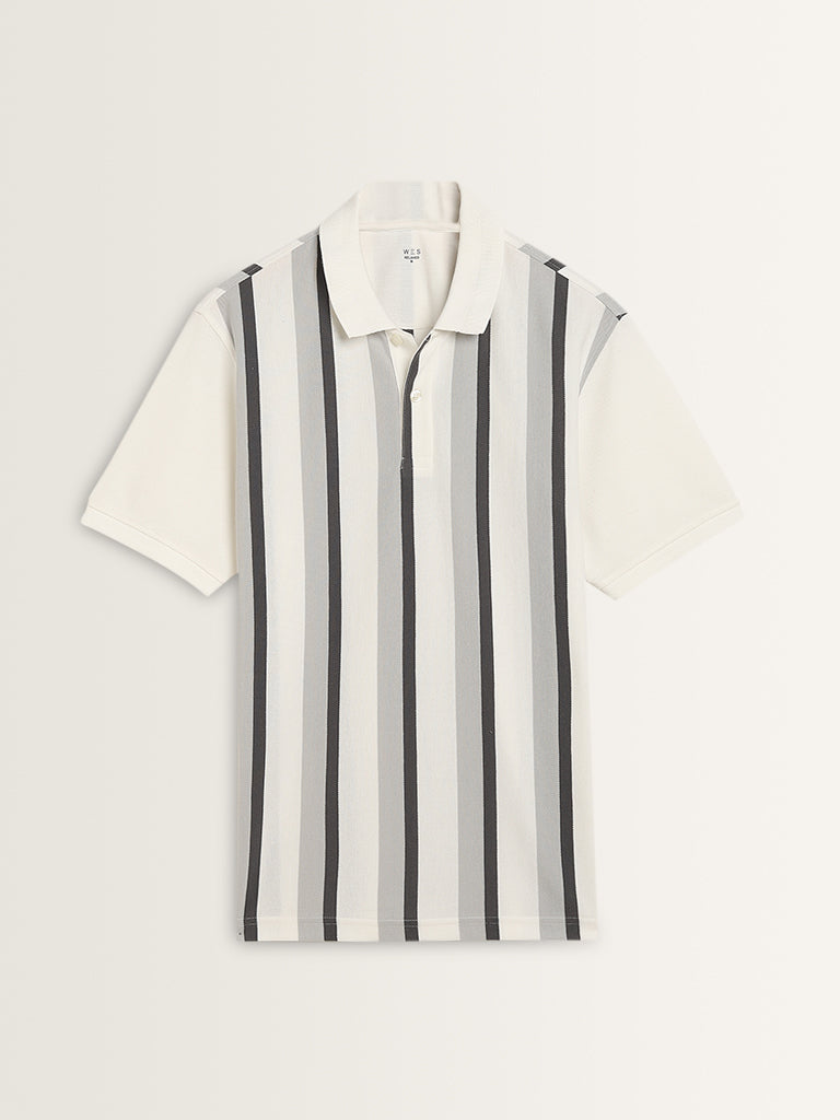 WES Casuals Grey Striped Relaxed-Fit Polo T-Shirt