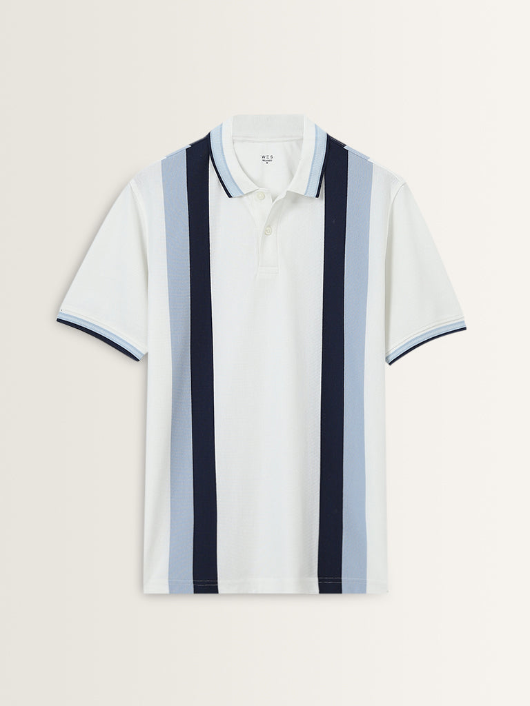 WES Casuals Blue Striped Relaxed-Fit Polo T-Shirt