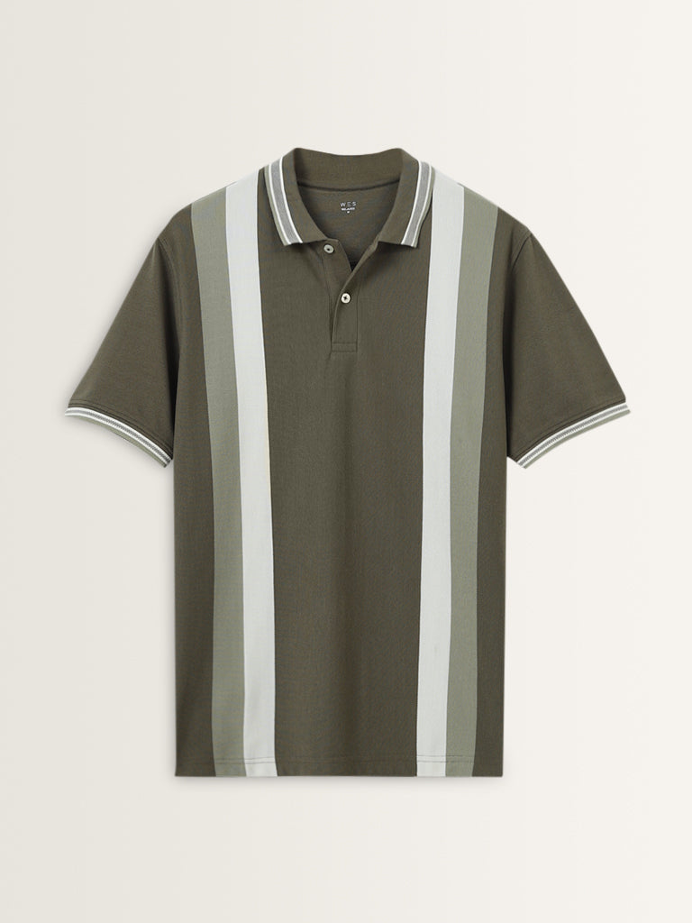 WES Casuals Olive Striped Relaxed-Fit Polo T-Shirt