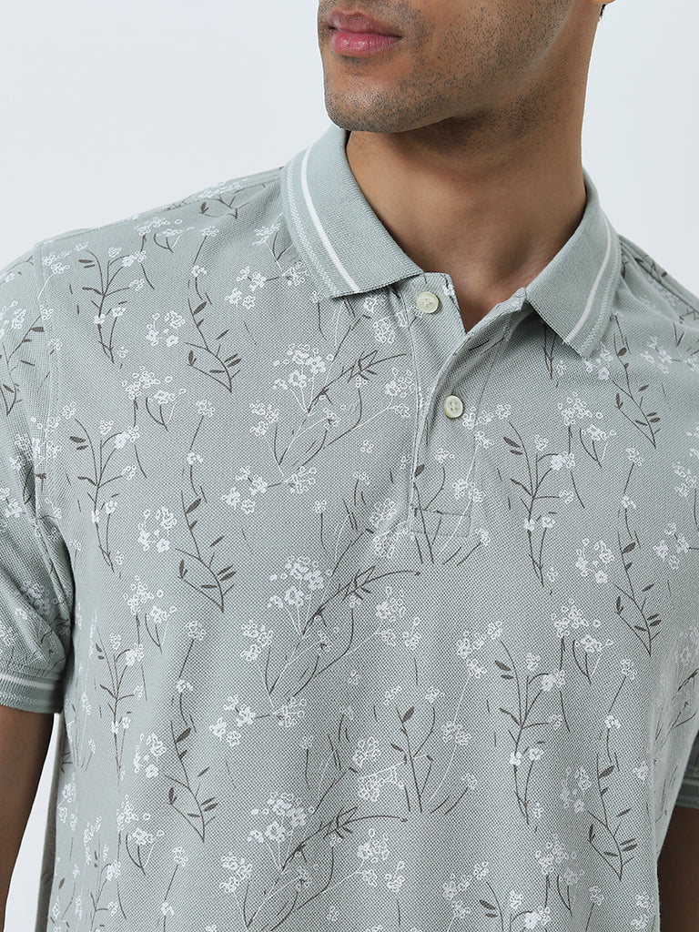 WES Casuals Sage Floral Printed Relaxed-Fit Polo T-Shirt