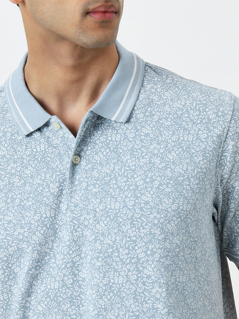 WES Casuals Dusty Blue Floral Printed Relaxed-Fit Polo T-Shirt