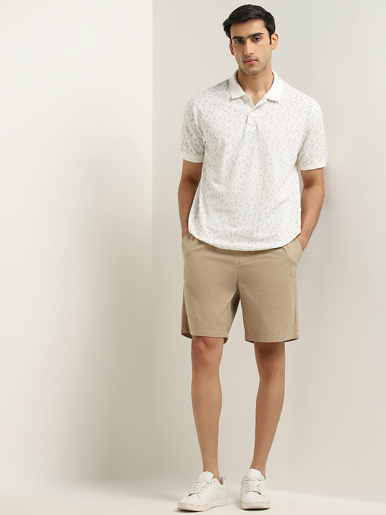 WES Casuals White Floral Relaxed-Fit Cotton Polo T-Shirt