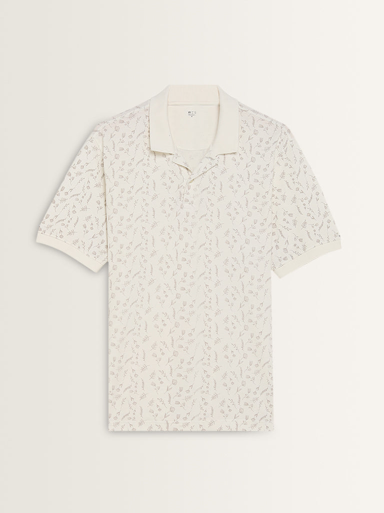 WES Casuals White Floral Relaxed-Fit Cotton Polo T-Shirt