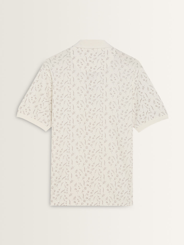 WES Casuals White Floral Relaxed-Fit Cotton Polo T-Shirt