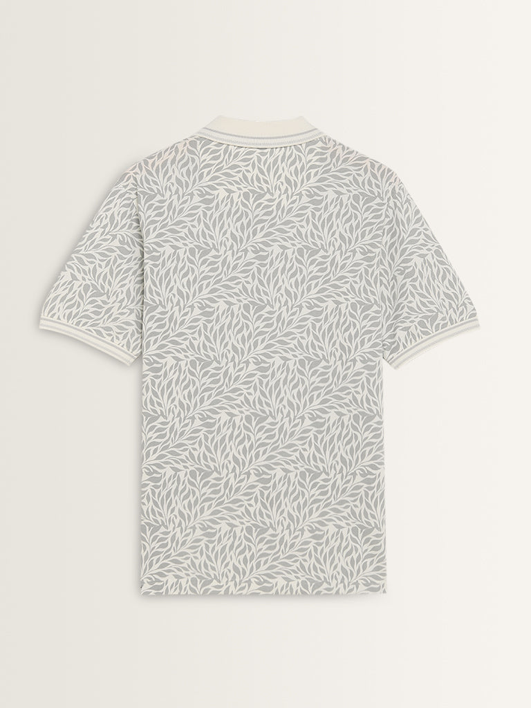 WES Casuals Grey Printed Relaxed-Fit Cotton Polo T-Shirt