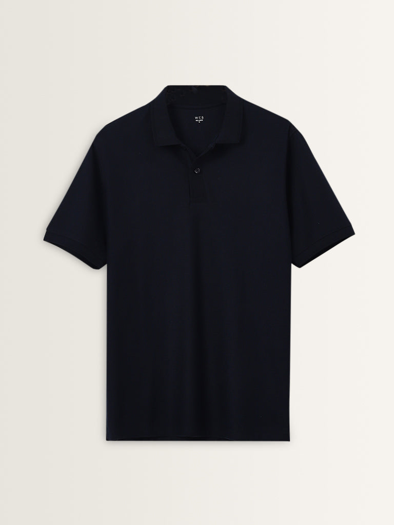 WES Casuals Navy Solid Relaxed-Fit Polo T-Shirt