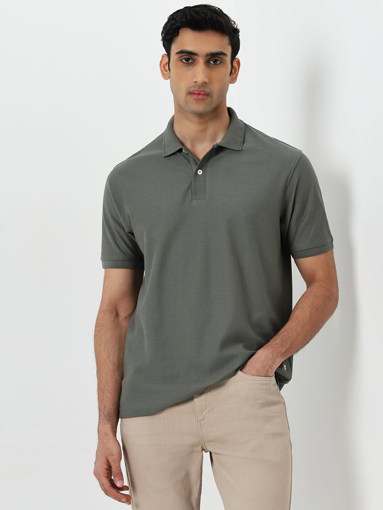 WES Casuals Olive Textured Pattern Relaxed-Fit Polo T-Shirt