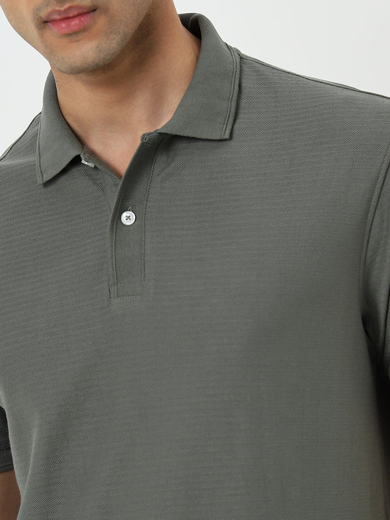 WES Casuals Olive Textured Pattern Relaxed-Fit Polo T-Shirt