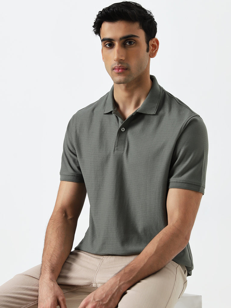 WES Casuals Olive Textured Pattern Relaxed-Fit Polo T-Shirt