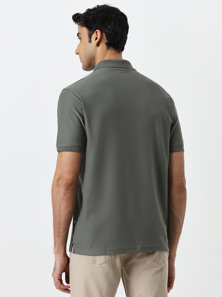 WES Casuals Olive Textured Pattern Relaxed-Fit Polo T-Shirt