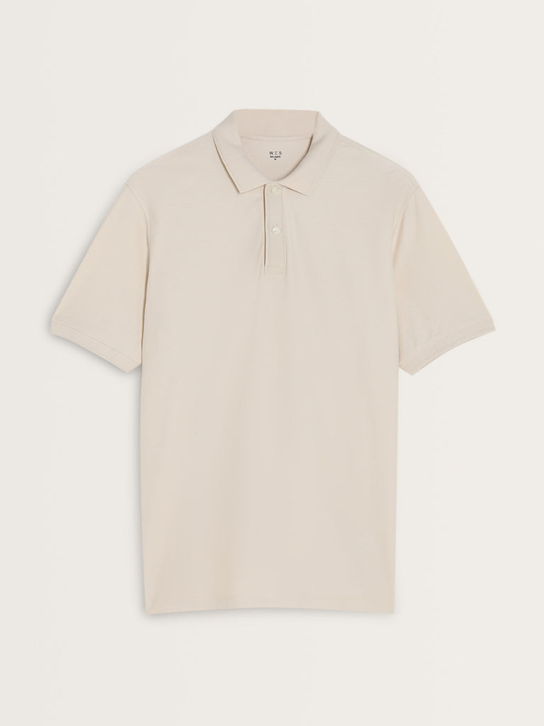 WES Casuals Light Beige Textured Relaxed-Fit Polo T-Shirt