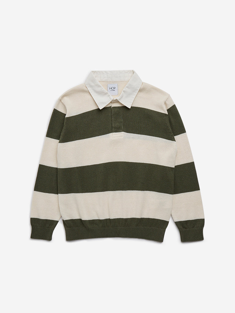 HOP Kids Olive Striped Knitted Collared Cotton Sweater