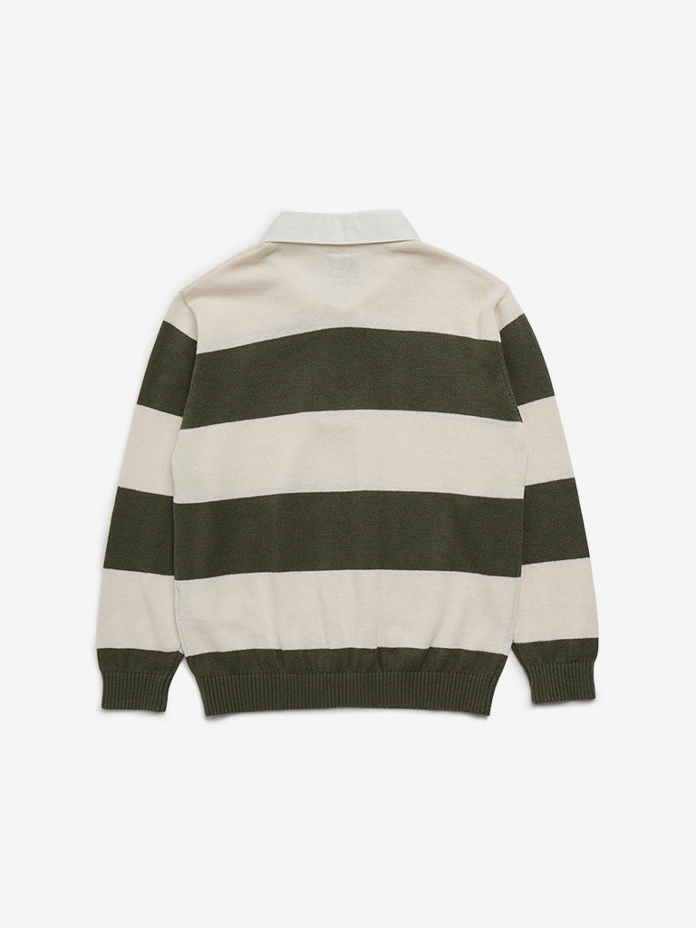 HOP Kids Olive Striped Knitted Collared Cotton Sweater