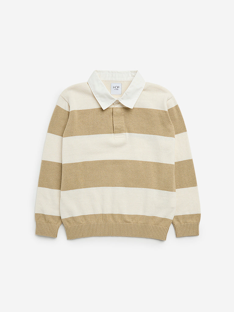 HOP Kids Beige Striped Knitted Collared Cotton Sweater