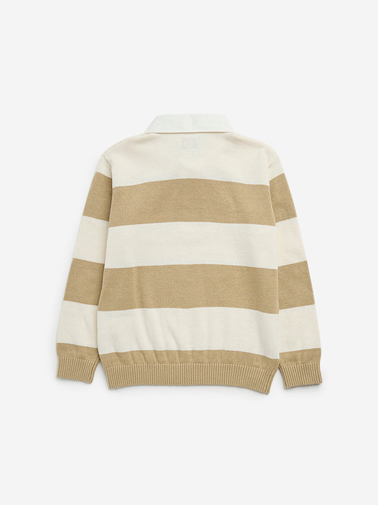 HOP Kids Beige Striped Knitted Collared Cotton Sweater