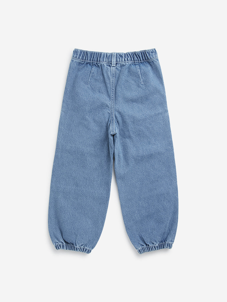 HOP Kids Blue Heart Embroidered High-Rise Denim Joggers