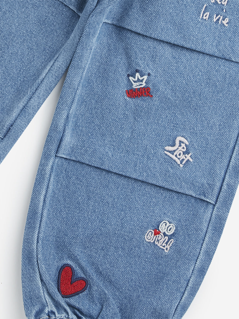 HOP Kids Blue Heart Embroidered High-Rise Denim Joggers