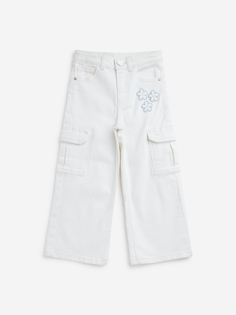 HOP Kids Off-White Floral Straight - Fit Mid - Rise Cargo Jeans