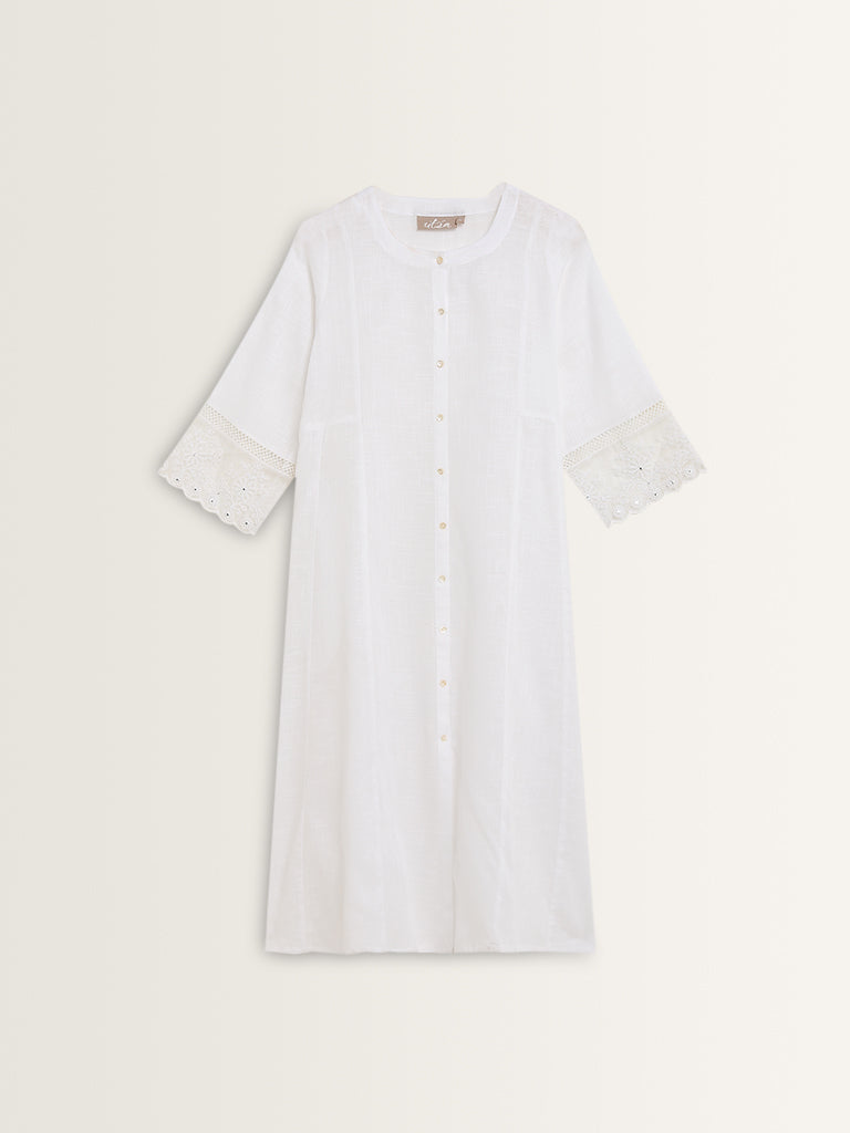 Utsa White Floral Embroidered A-Line Cotton Kurta