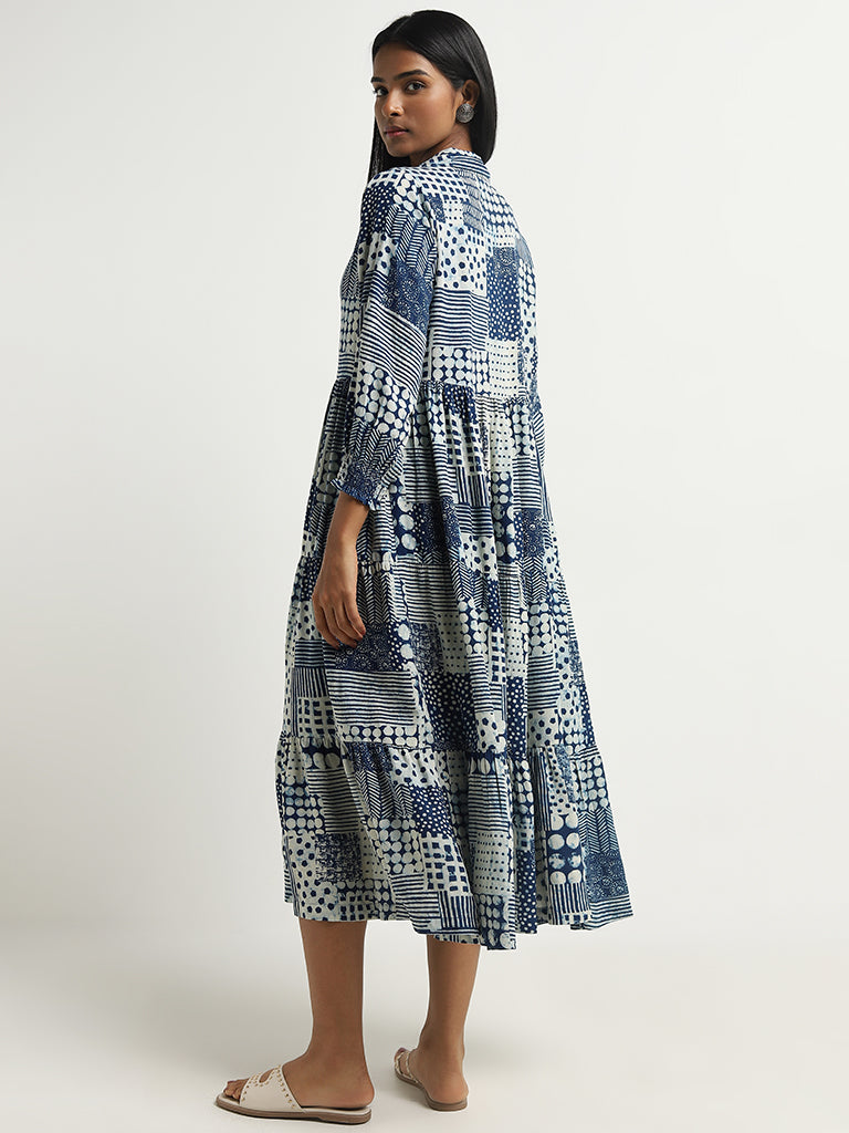 Utsa Indigo Geometric Design Tiered Long Dress