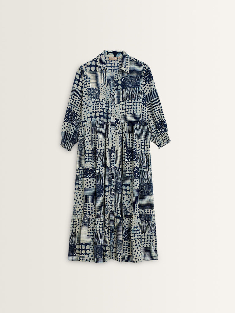 Utsa Indigo Geometric Design Tiered Long Dress