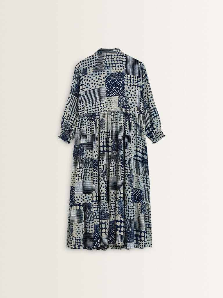 Utsa Indigo Geometric Design Tiered Long Dress