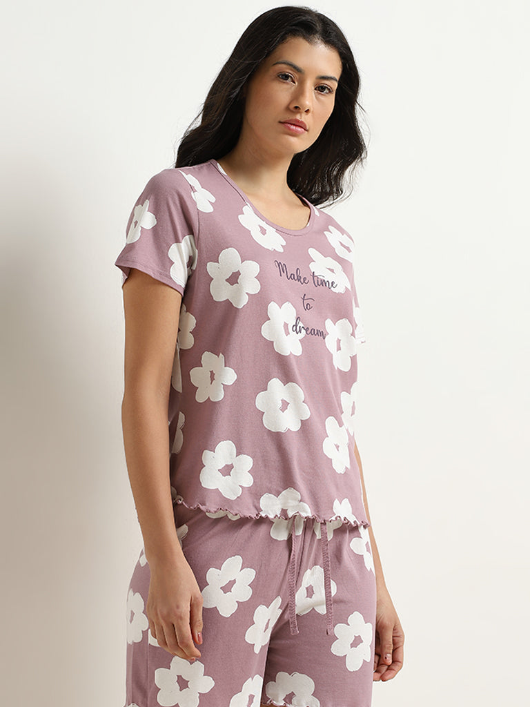 Wunderlove Mauve Floral Printed Cotton Shorts Set In A Bag