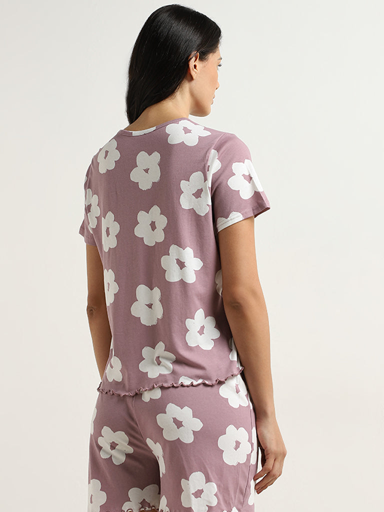 Wunderlove Mauve Floral Printed Cotton Shorts Set In A Bag