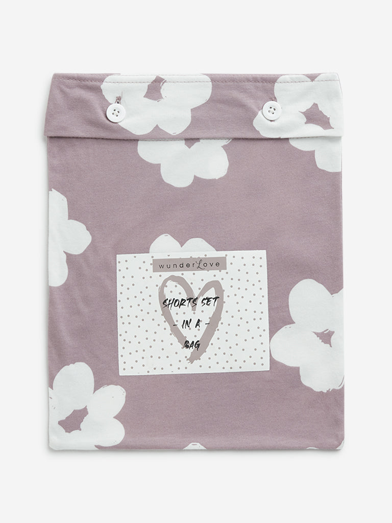 Wunderlove Mauve Floral Printed Cotton Shorts Set In A Bag