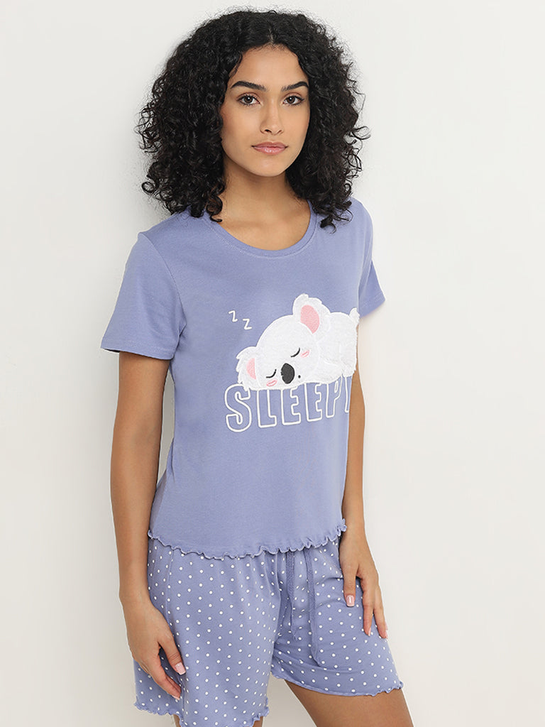 Wunderlove Violet Koala Cotton Shorts Set In A Bag